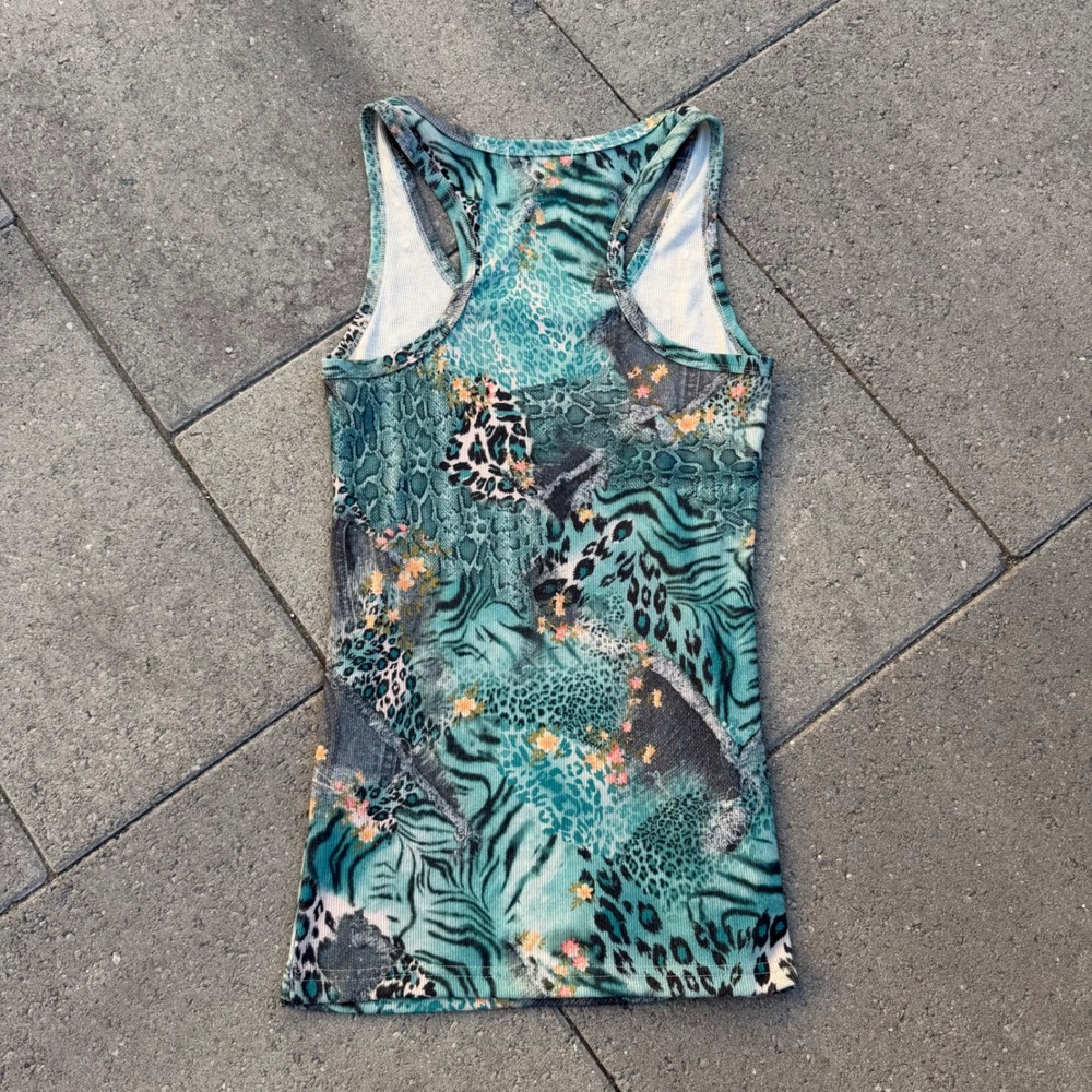 Blue Teal Animal Print Rhinestone Ribbed Racerback Tank Top L XL - Picture 2 of 4